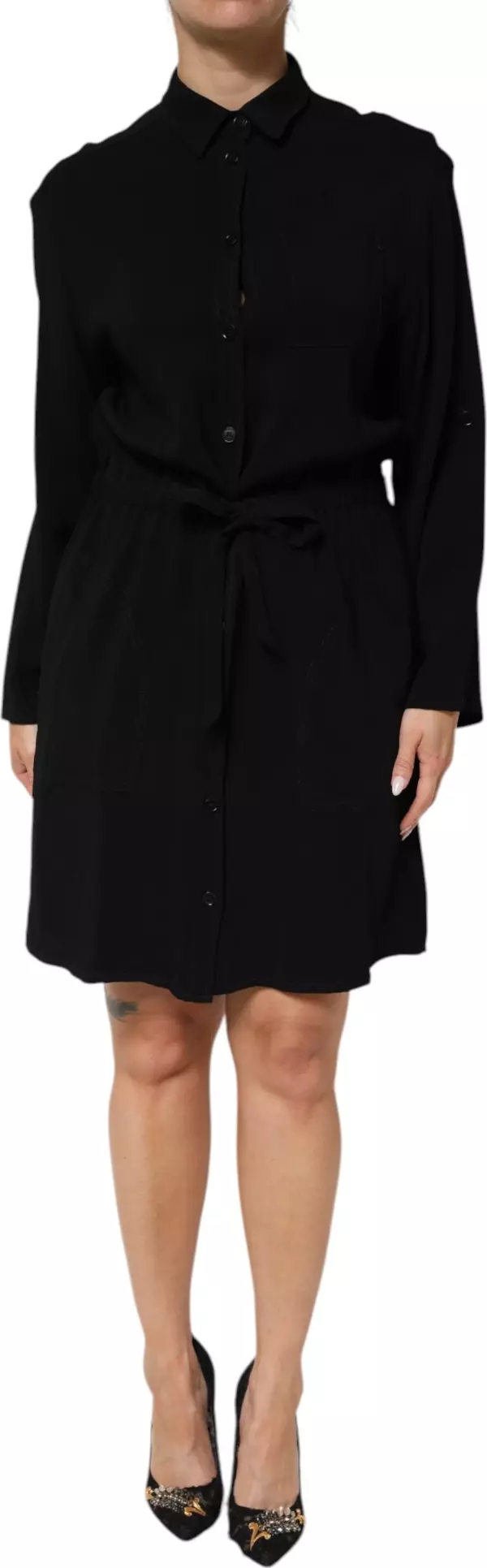 Black Viscose Blend Shirt Style Belted  Dress