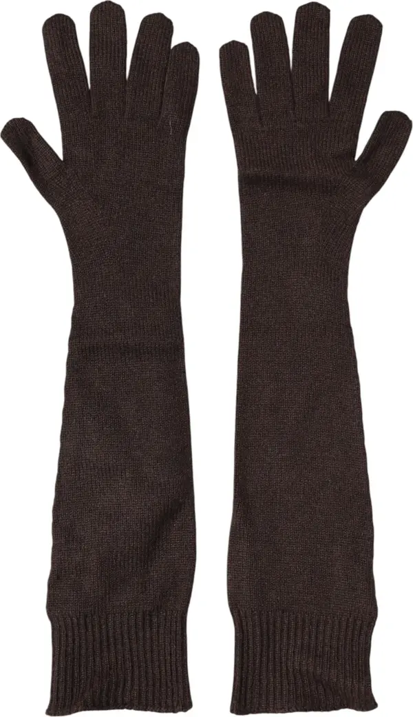 Brown Cashmere Knitted Elbow Length Mitten Gloves