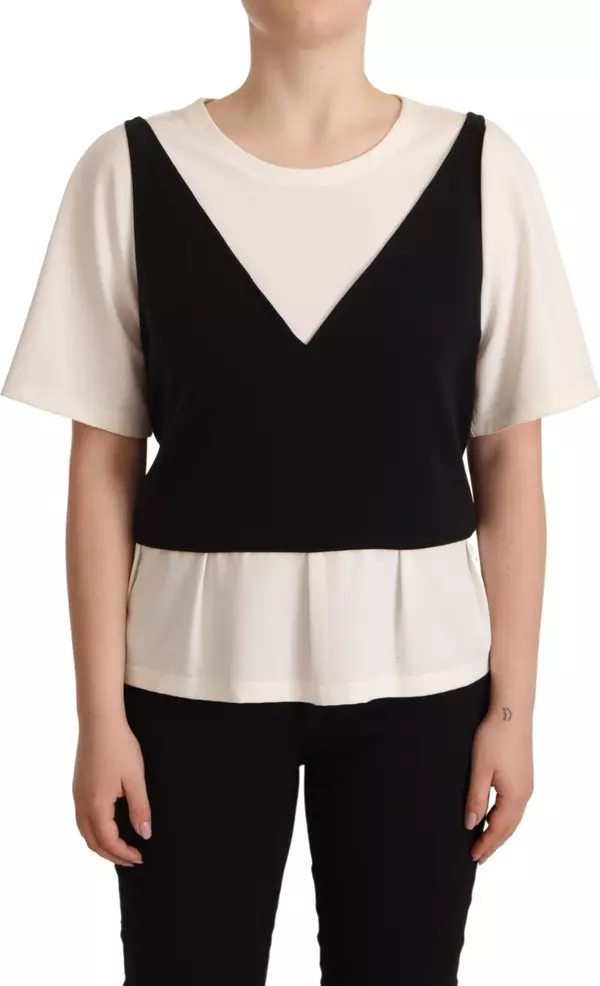 Black White Polyester Short Sleeves Top Blouse