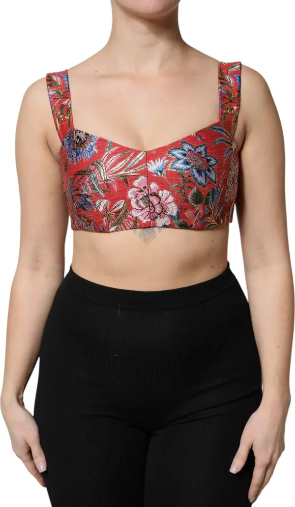 Red Floral Brocade Cropped Bustier Corset Top
