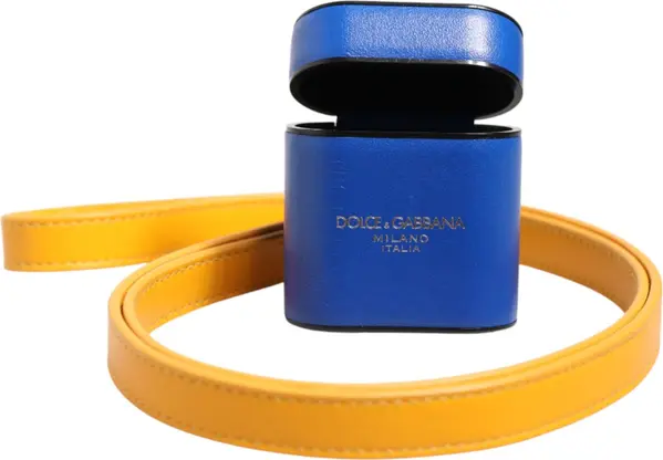 Blue Yellow Calfskin Leather Logo Strap Men Airpods Case