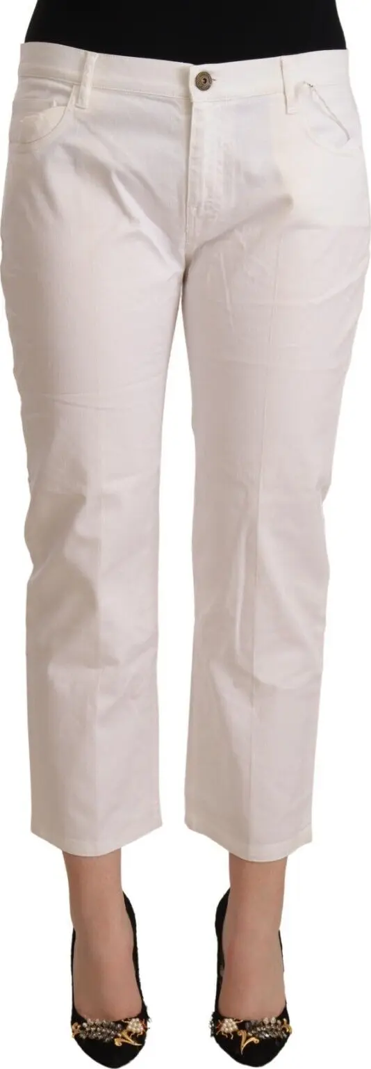 White Cotton Mid Waist Cropped Denim Jeans