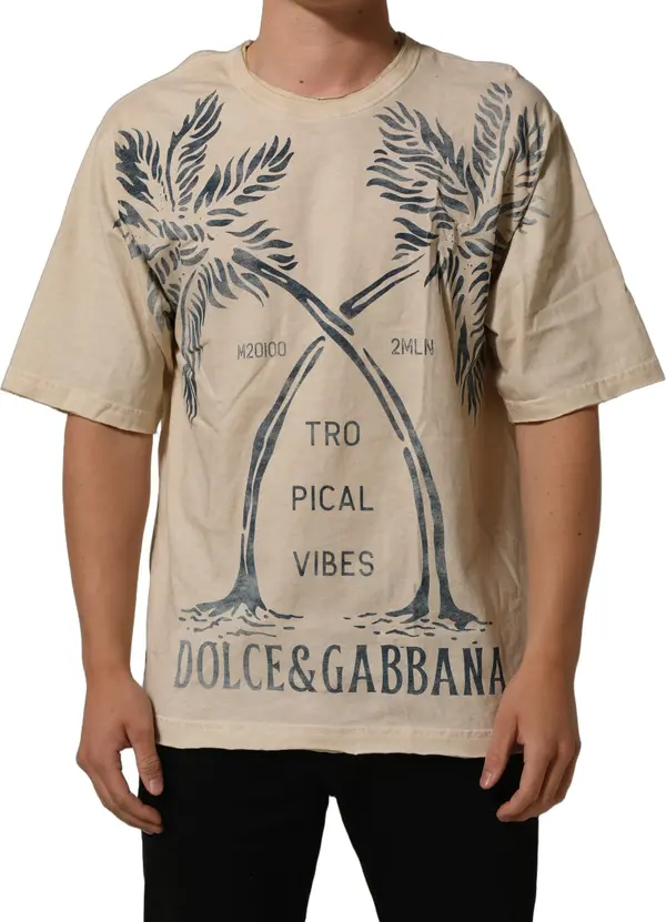 Beige Cotton Graphic Print Crew Neck T-shirt