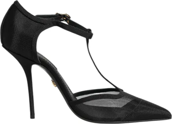 Black Mesh T-strap Stiletto High Heels Shoes