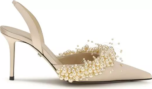 Beige Silk High Heel Pumps