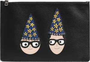 Black Leather #DGFAMILY Embellished Men Clutch Pouch Bag
