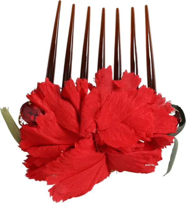 Red Silk Floral Gold Brass Women Hair Comb