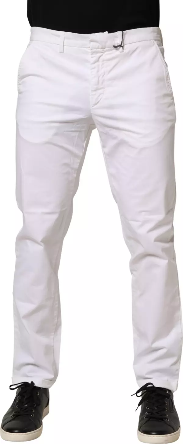 White Mid Waist Cotton Stretch Casual Men Trouser Pants
