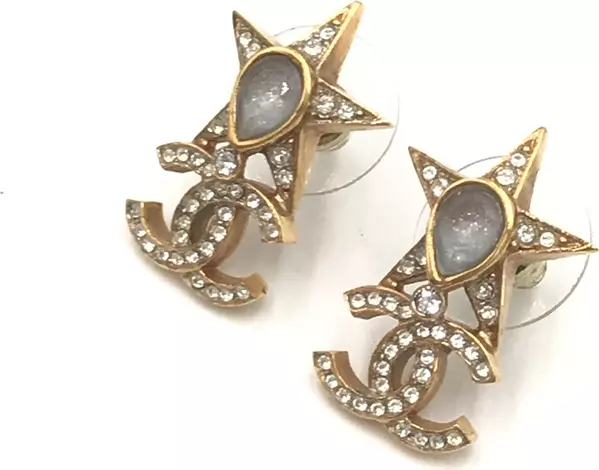 Gold Plated Star Coco Mark Earrings With Rhinestones
