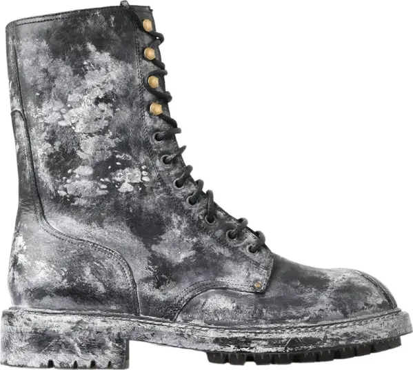 Black Gray Leather Mid Calf Boots Shoes