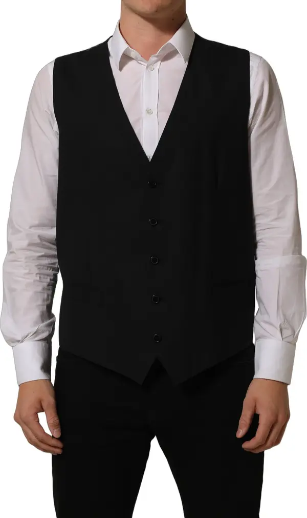Black Wool Stretch Waistcoat Formal Vest