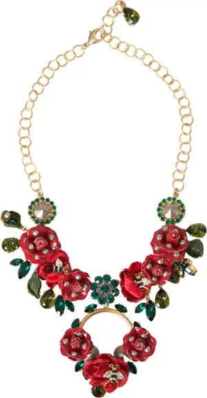 Gold Brass Link Chain RosePetal Crystal Pendant Necklace