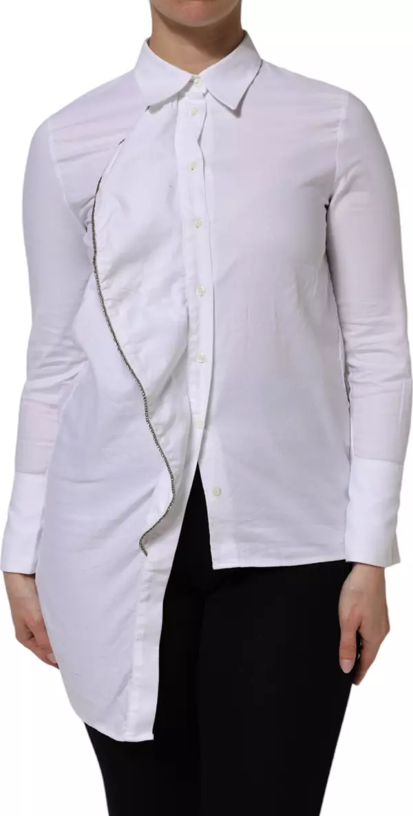 White Cotton Collared Long Sleeves Ruffle Top Shirt