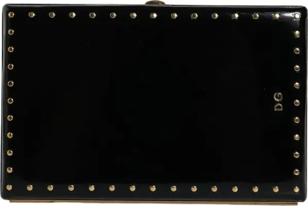 Black Leather Studs Gold Frame Clutch Evening Purse Bag