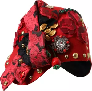 Red Crystal Gold Roses Brooch Embellished Hat