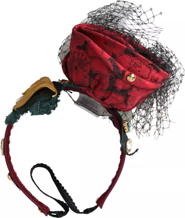Red with multicolor Rose Silk Crystal Netted Logo Diadem Headband