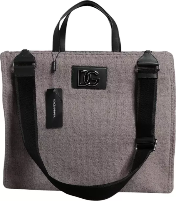 Grey Alpaca Wool Logo Plaque Tote Shoulder Bag