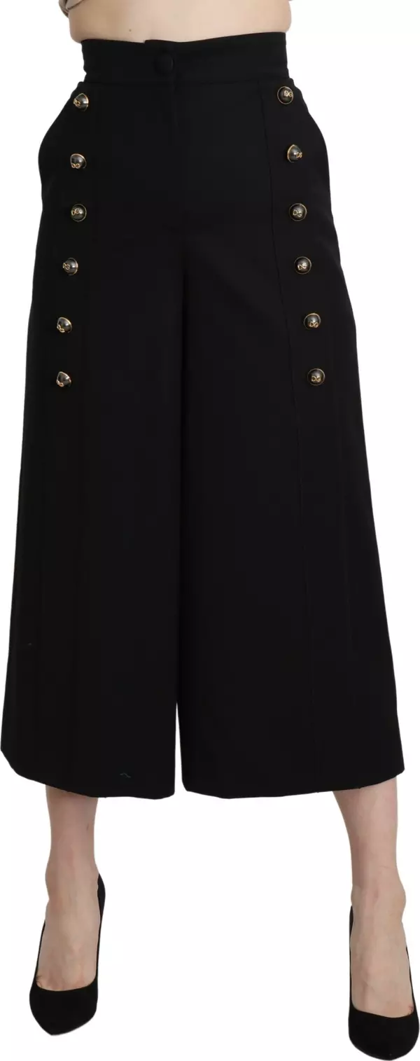 Black Wide Wool Leg Cropped Trouser Pant
