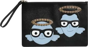 Black Leather #DGFAMILY Embellished Men Zip Pouch Bag