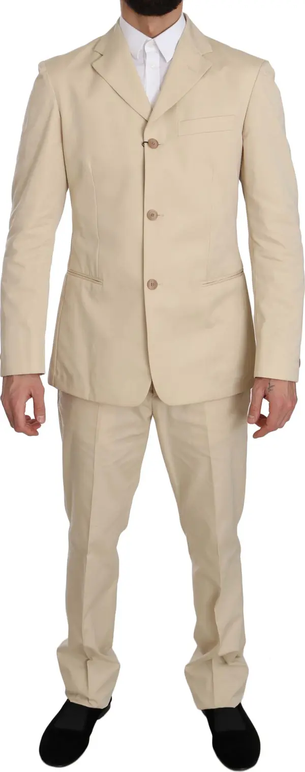 Two Piece 3 Button Beige Cotton Solid Suit