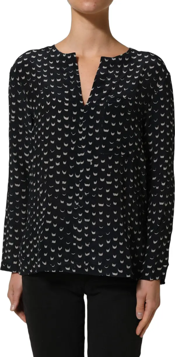 Black SIlk Long Sleeves Deep V-neck Blouse Top