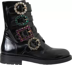 Black Leather Crystal Buckles Boots Shoes