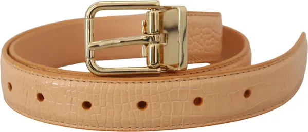 Beige Exotic Leather Gold Metal Buckle Belt