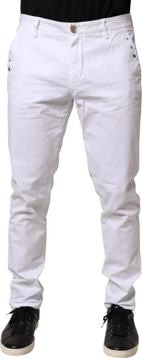White Skinny Fit Mid Waist Men Chino Trouser Pants