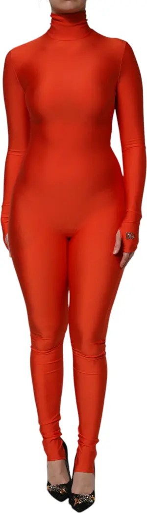 Red Nylon Turtleneck Bodycon Jumpsuit Dress