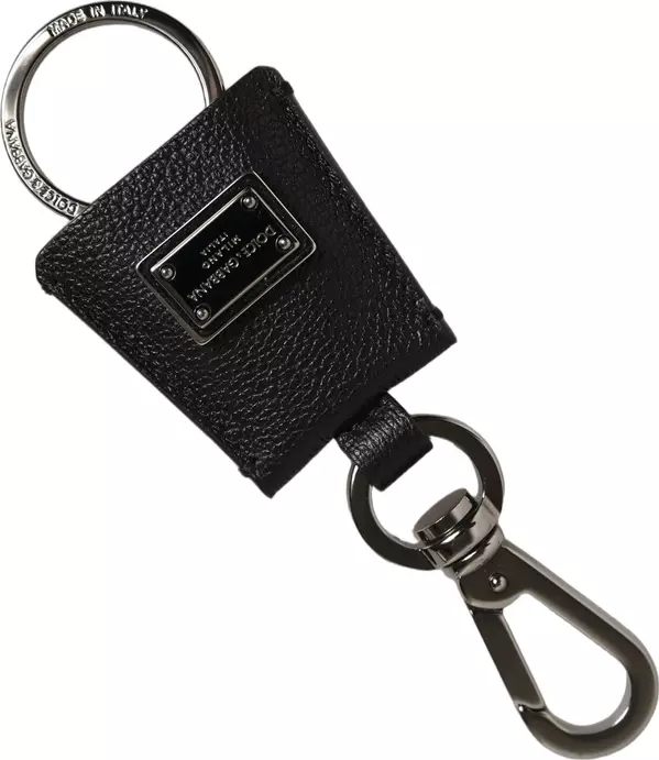 Black Dauphine Leather Silver Metal Logo Plaque Keyring