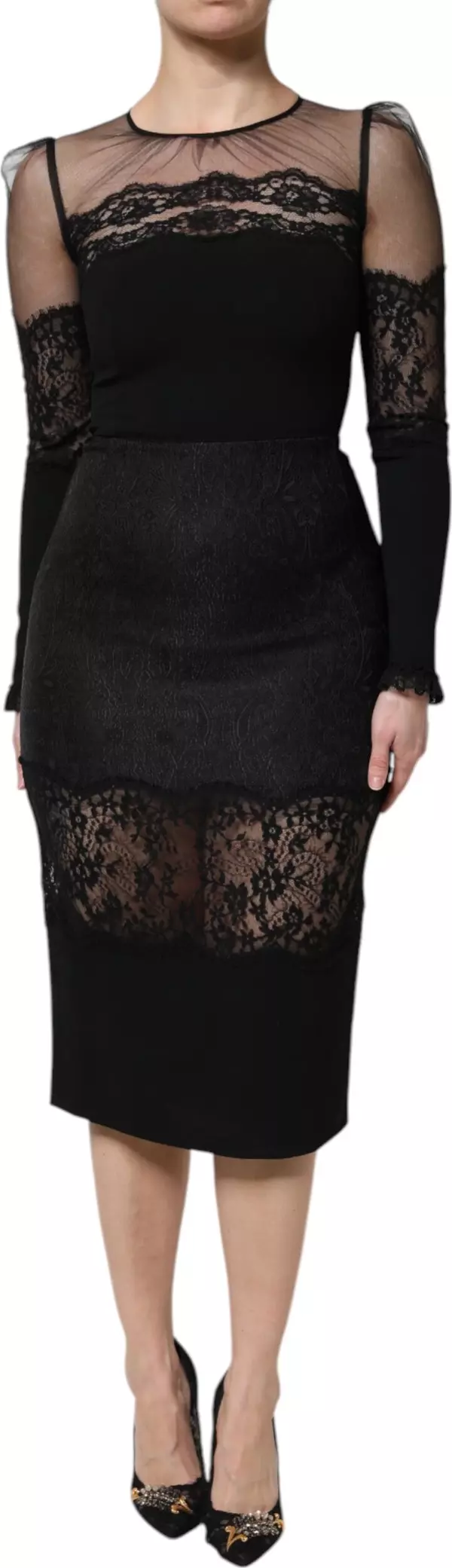 Black Lace Trim Nylon Tulle Sheath Midi Dress