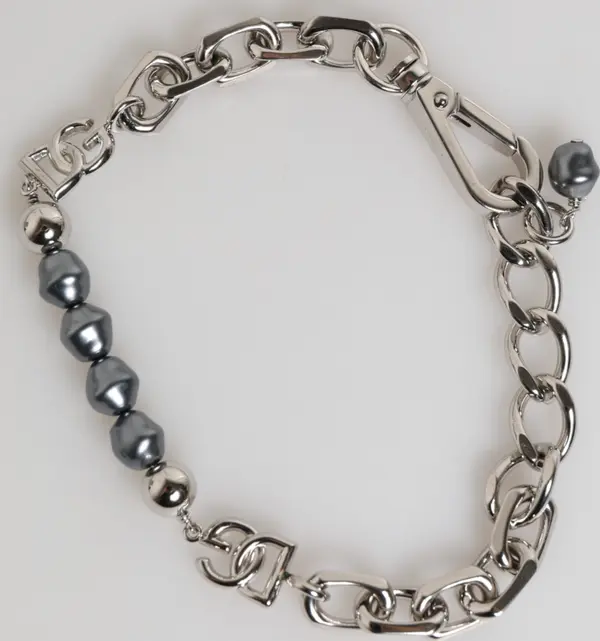 Silver Tone Chain Lobster Clasp Logo Gray Pearls Bracelet
