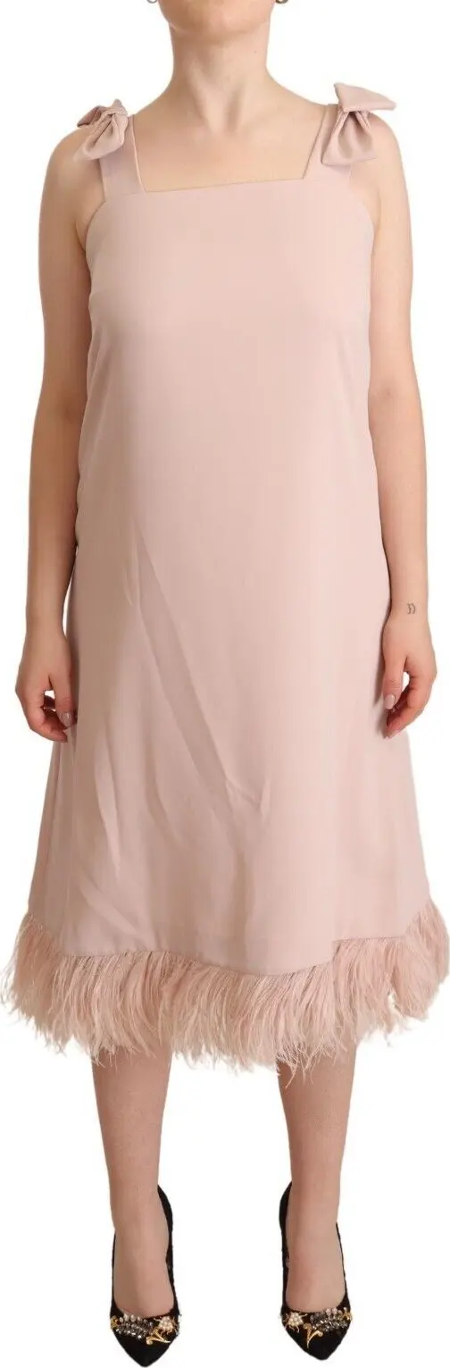 Pink Polyester Sleeveless Midi Feather Shift Dress