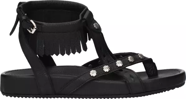 Black Leather Flat Sandals