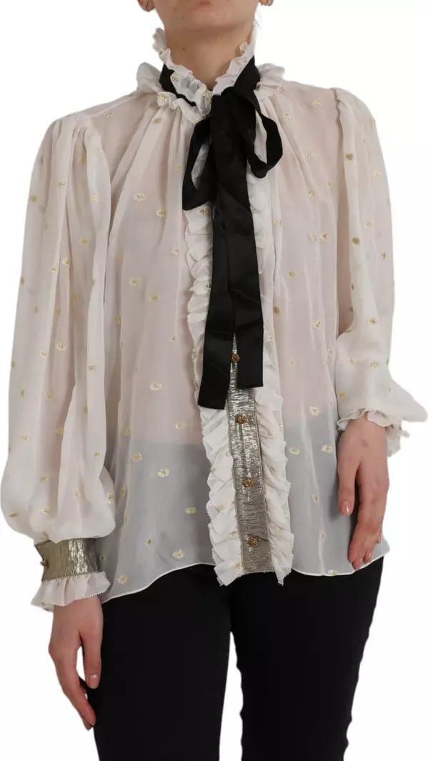 Off White Silk Blend Ascot Collar Blouse Top