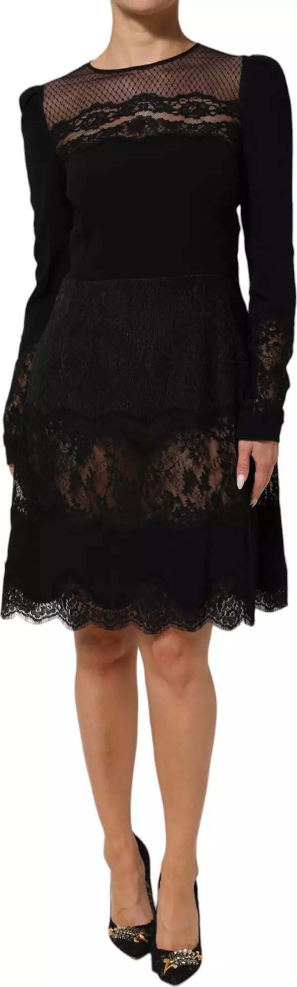 Black Floral Lace Trim Sheath A-line Dress