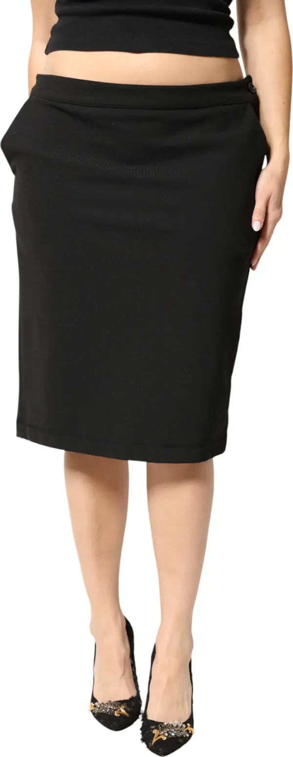 Black Polyester Pencil Cut Knee Length Women Skirt