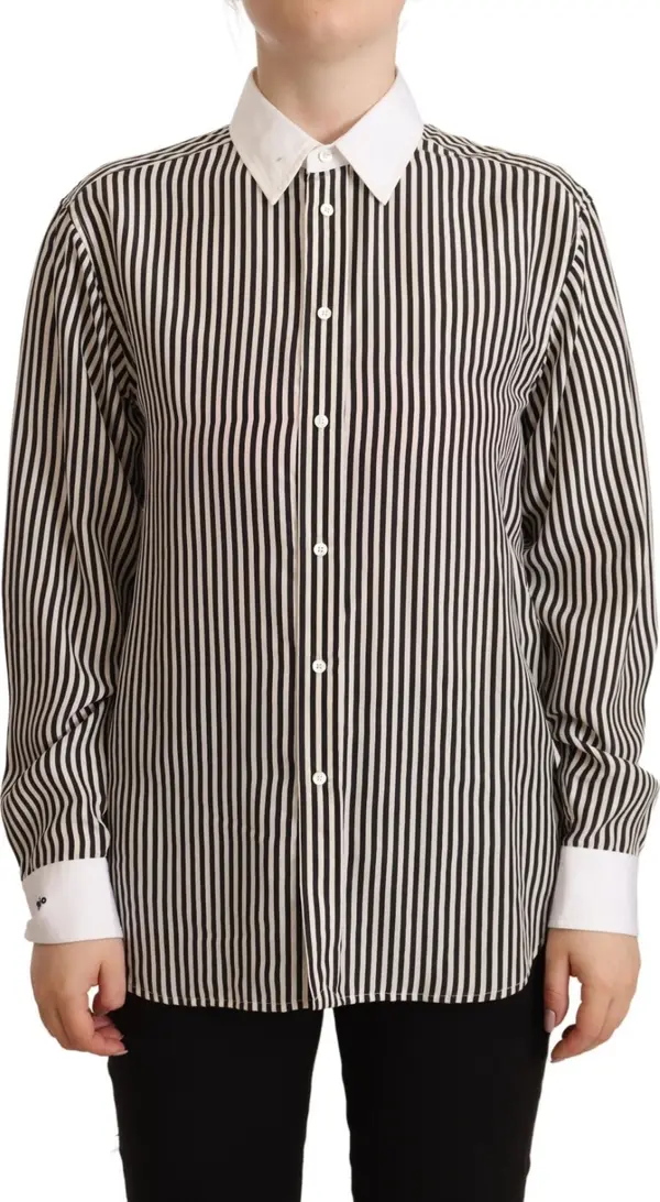 Black White Striped Long Sleeves Collared Top
