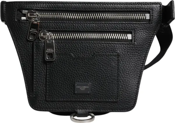 Black Calfskin Logo Plaque Belt Waist Men Fanny Pack Bag