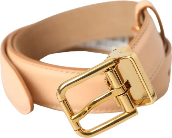 Beige Calfskin Leather Gold Metal Buckle Belt