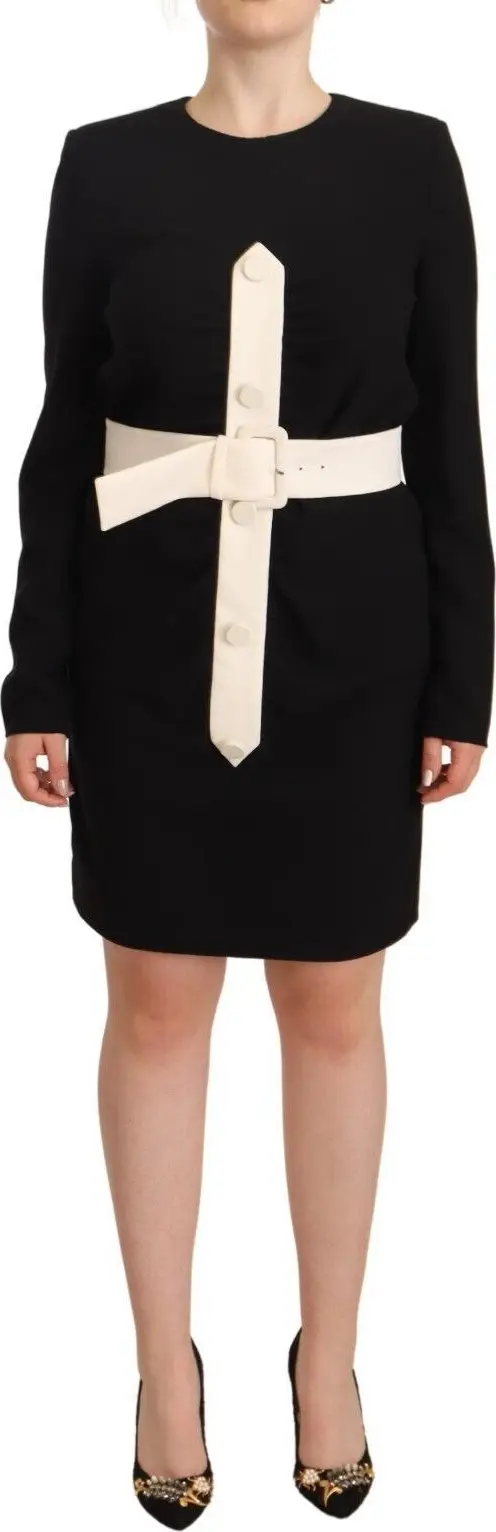 Black Wool Long Sleeves Belted Mini Sheath Dress