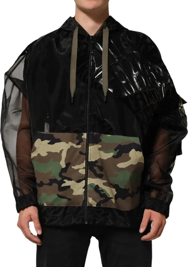 Black Camouflage Hooded Men Full Zip Sweater
