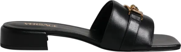 Black Leather Logo Plaque Slip On Slides Flats Shoes