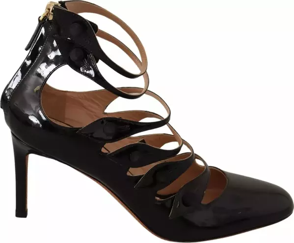 Black Multi Strap Leather Mid Heels Pumps Shoes