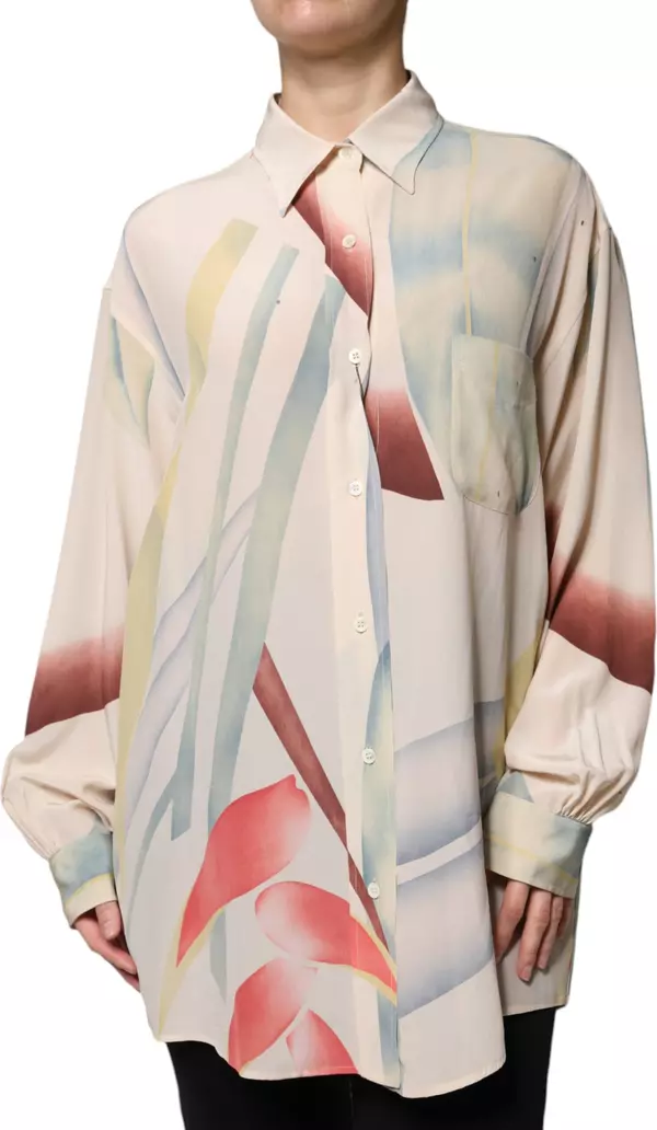 Beige Printed Collared Buttoned Long Sleeves Blouse Top