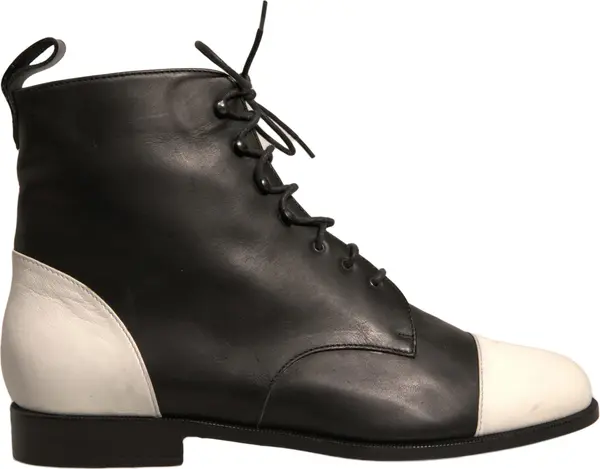Black White Leather Lace Up Flats Ankle Boots Shoes