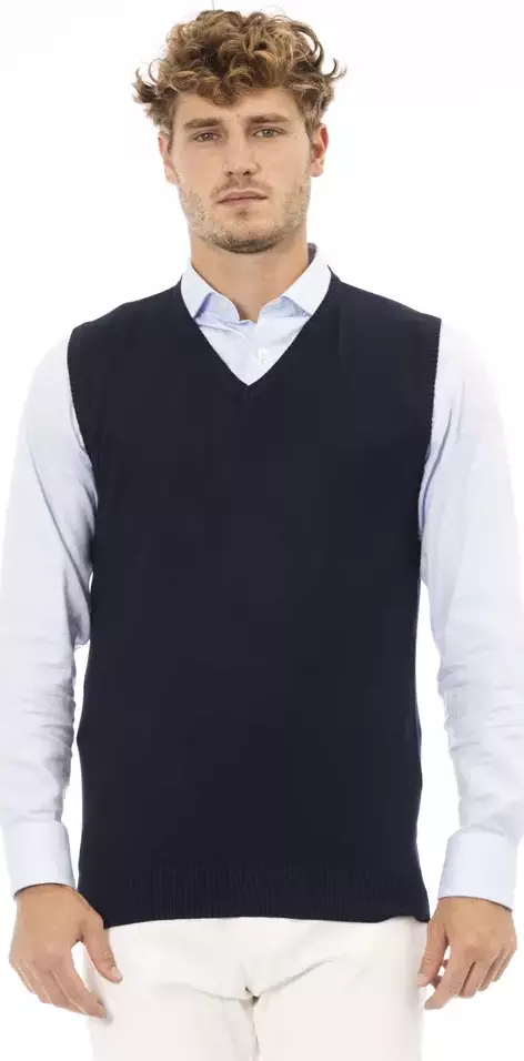 Blue Viscose Men's V-neck Vest