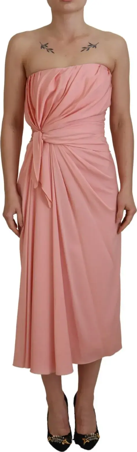 Pink Silk Stretch Strapless Sheath Midi Dress