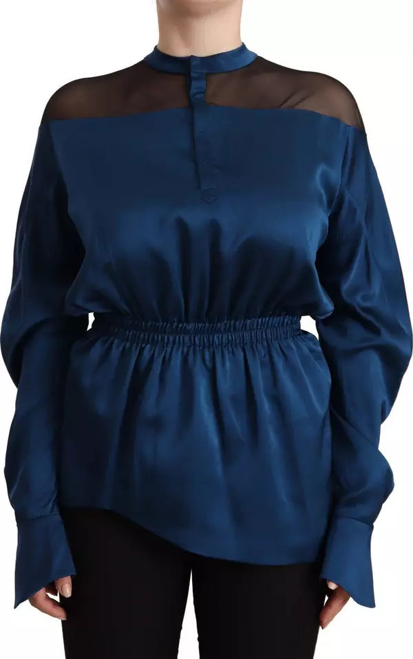 Blue Silk Long Sleeves Elastic Waist Top Blouse