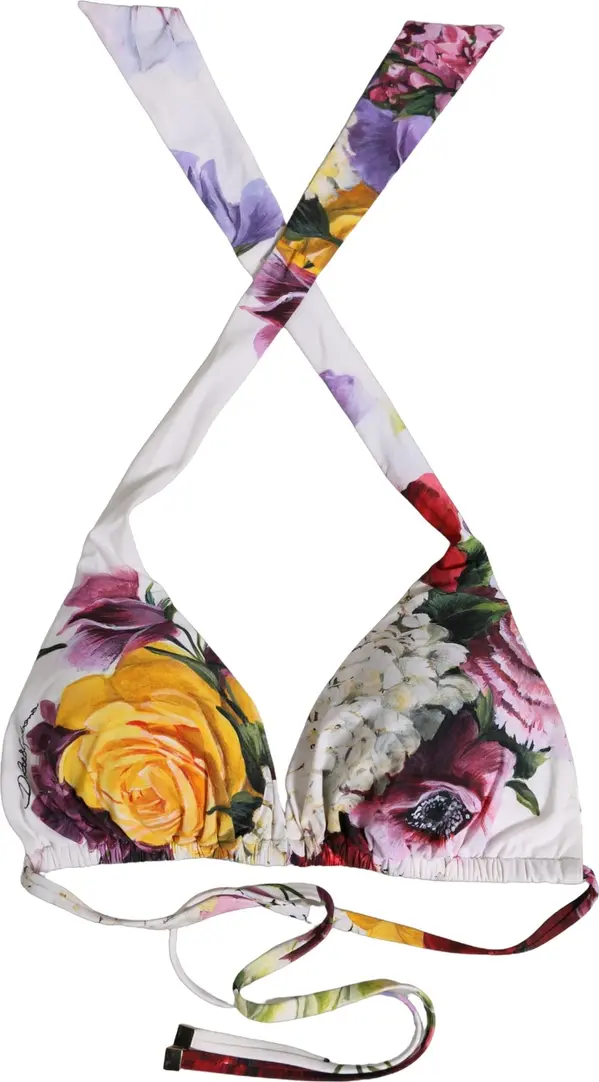 White Floral Print Triangle Beachwear Bikini Top
